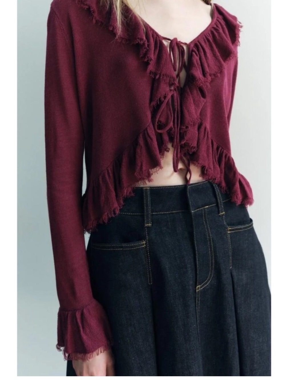 Zara Aubergine Ruffle-Trim Tie Cardigan